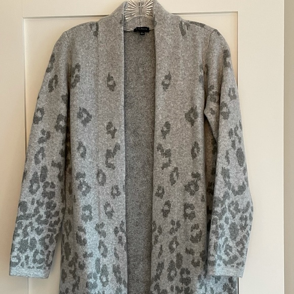 Talbots Sweaters - Talbots Grey Leopard Print Open Front Cardigan